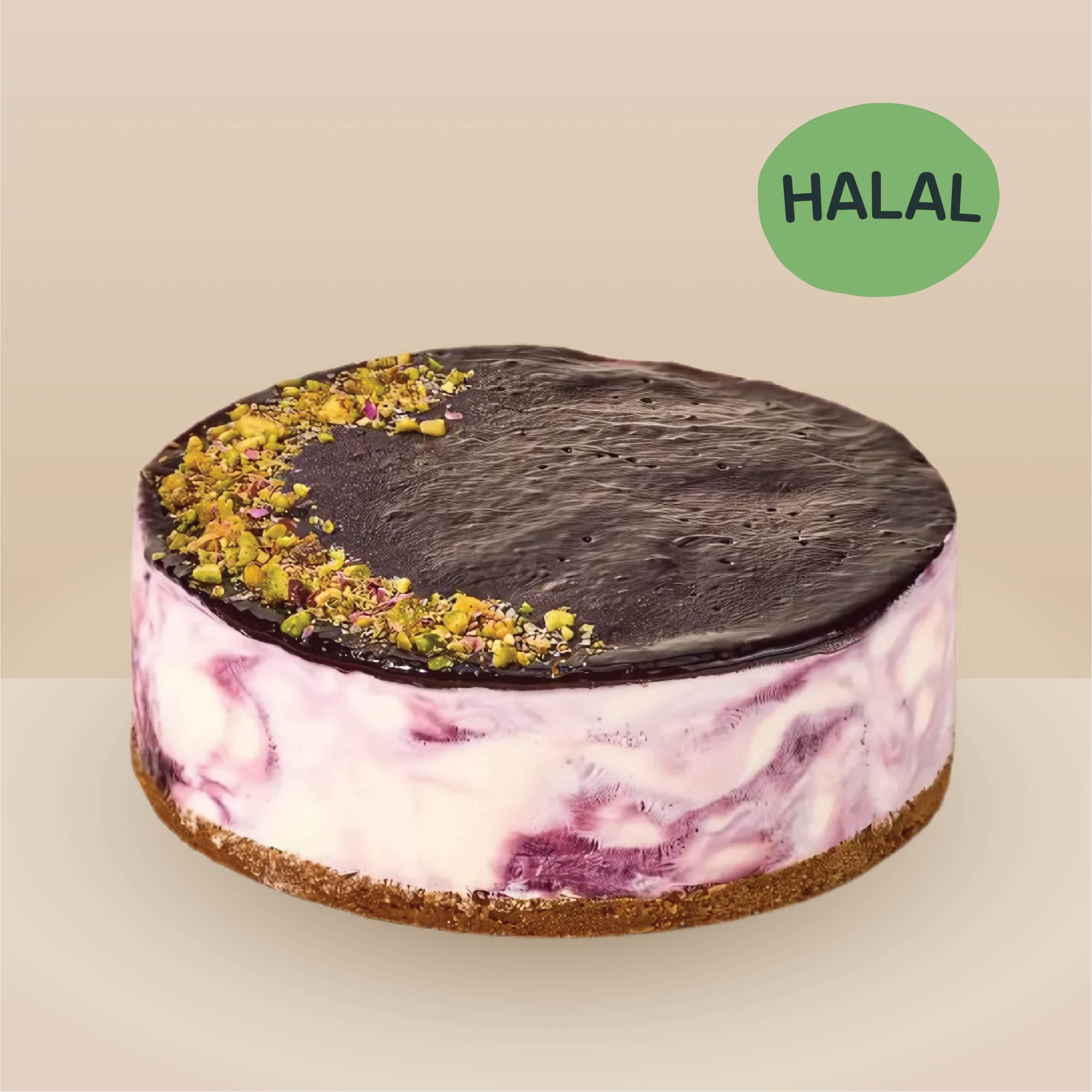 Blueberry swirl cheesecake ice cream cake with dark chocolate glaze on a graham cracker crust, halal certified