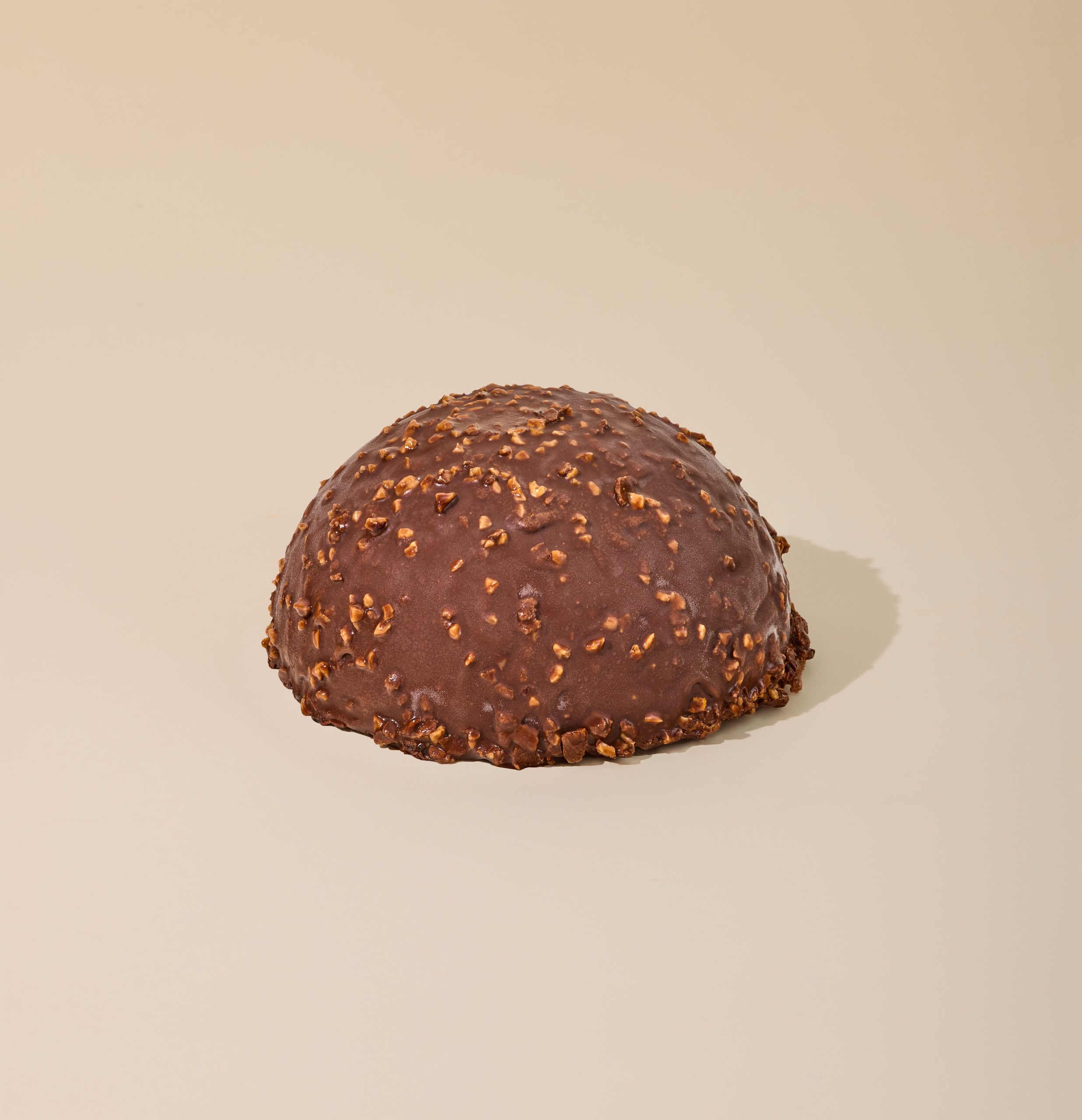 Dome-shaped chocolate ice cream cake coated in dark chocolate and studded with chopped caramelised hazelnuts