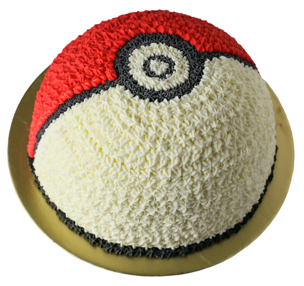 Dome-shaped Pokéball ice cream cake decorated with red, white and dark grey piped cream rosettes in a Pokéball design on a gold cake board
